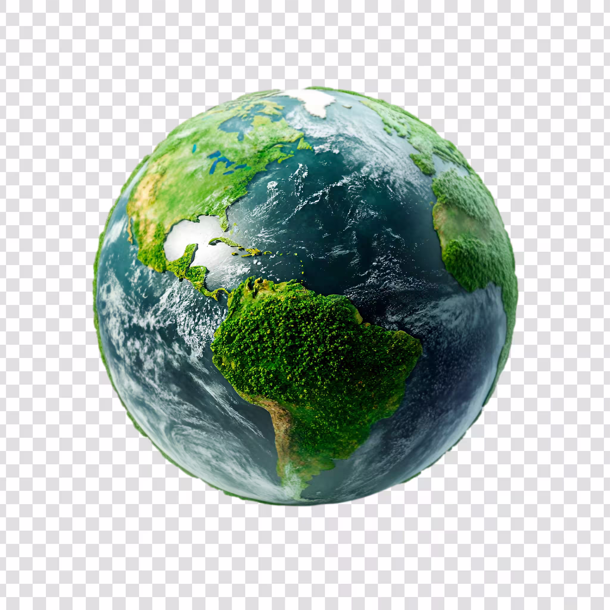 Image de la Terre où tous les continents sont remplis de verdure, le bleu des océans et du vert partout